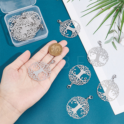 Unicraftale 20Pcs Flat Round with Tree of Life 201 Stainless Steel Filigree Pendant Decorations HJEW-UN0001-10-1