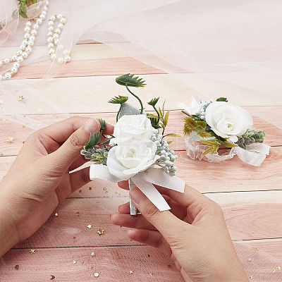 2Pcs 2 Style Silk Cloth Rose Flower Boutonniere Brooch & Wrist Corsage AJEW-CP0001-54-1