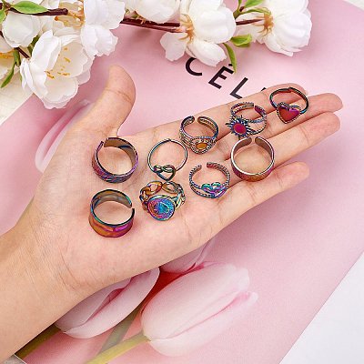 9Pcs 9 Style Rainbow Color 304 Stainless Steel Heart & Star & Word Love Cuff Rings RJEW-SZ0001-20-1