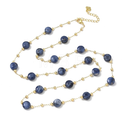 Natural Sodalite Faceted Flat Round Beaded Chain Necklaces with Matte Brass Beads GG-CBA37F5-01G-07-1