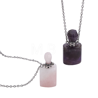 2Pcs 2 Styles Natural Rose Quartz and Amethyst Perfume Bottle Necklaces NJEW-FG0001-18-1
