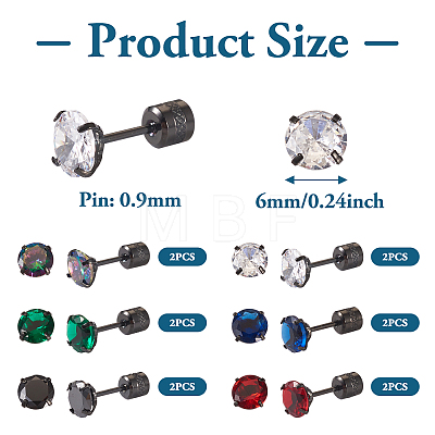  12Pcs 6 Colors Cubic Zirconia Diamond Stud Earrings EJEW-TA0001-09-1