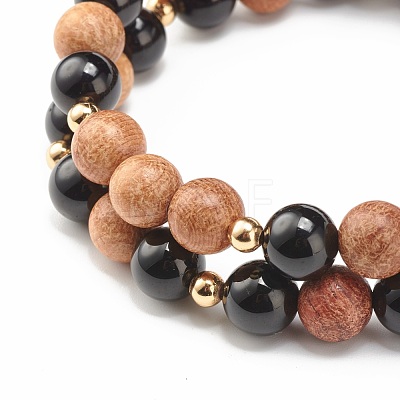 Natural Tourmaline & Wood Round Beads Stretch Bracelets Set BJEW-JB07165-03-1