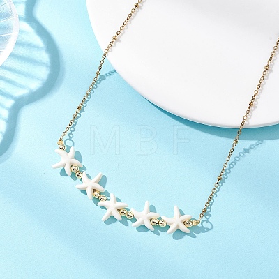 Ocean Dyed Synthetic Turquoise Starfish Beaded Bib Necklaces with 304 Stainless Steel Satellite Chains NJEW-JN05979-02-1