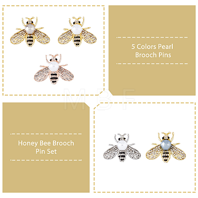 5Pcs 5 Colors White Imitation Pearl with Rhinestone Bee Brooch Pin JEWB-DC0001-10-1