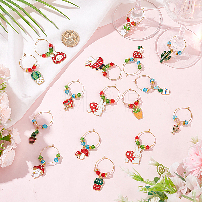 16Pcs 16 Styles Mushroom & Cactus Potted Alloy Enamel Wine Glass Charms AJEW-MA00001-1