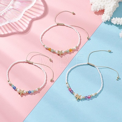 3Pcs Starfish Natural Agate & Amazonite & Shell Pearl Beads Braided Bead Bracelets for Women BJEW-JB12765-1
