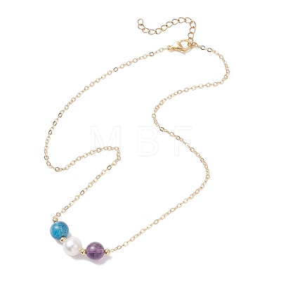 Natural Cultured Freshwater Pearl & Natural Amethyst & Apatite Round Beaded Pendant Brass Cable Chain Necklaces for Women NJEW-JN05686-1
