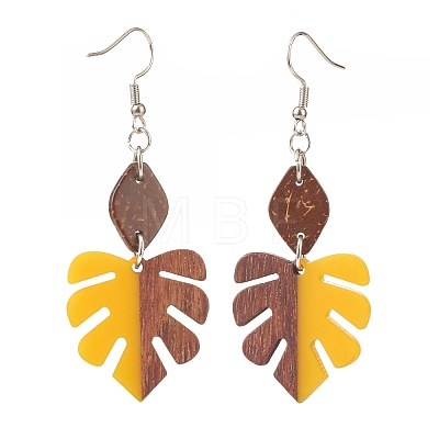 Resin & Walnut Wood Monstera Leaf Dangle Earrings EJEW-JE04877-1