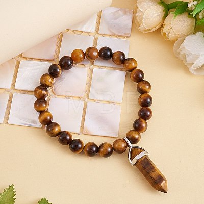 Natural Tiger Eye Stretch Bracelet with Bullet Shape Charm BJEW-SZ0002-56B-1