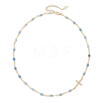 Faceted Dyed Natural Agate Round Beads & 304 Stainless Steel Tiny Cross Handmade Link Chain Necklaces NJEW-JN05842-01-1