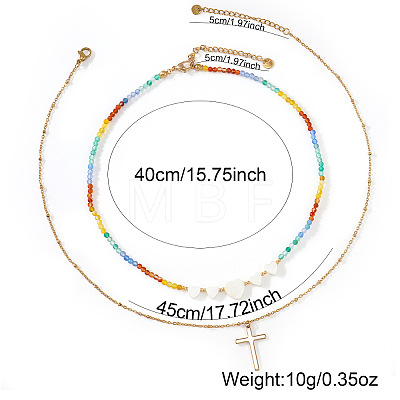 Summer Beach Rainbow Natural Stone and Heart Shell Beaded Stainless Steel Chain Double Layer Necklaces GB7102-1-1