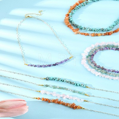 Natural Red Aventurine & Green Aventurine & Amethyst & Rose Quartz & Synthetic Turquoise Chips Beaded Necklaces NJEW-FS00013-1