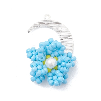 4Pcs 4 Colors Glass Seed Beaded Moon & Flower Pendants PALLOY-MZ01185-1