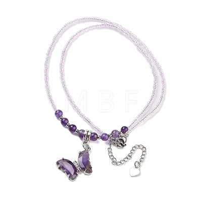 Natural Amethyst Faceted Butterfly  Pendant Necklaces NJEW-G143-01E-1