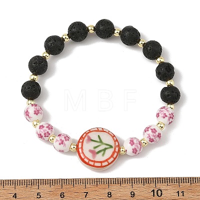 2Pcs 2 Colors Handmade Printed Porcelain Floral Flat Round & Round Natural Lava Rock Beaded Stretch Bracelet Sets BJEW-JB14186-1