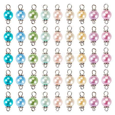 90Pcs 9 Colors Pearlized Glass Pearl Connector Charms PALLOY-TA0002-49A-1