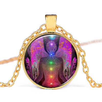 Chakra Theme Yoga Human Glass Pendant Necklace CHAK-PW0001-023C-1