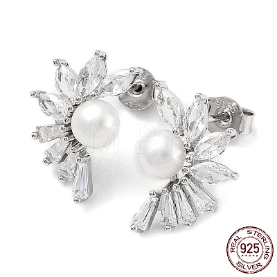 Anti-Tarnish Cubic Zirconia Flower with Natural Pearl Stud Earrings EJEW-F318-13P-1