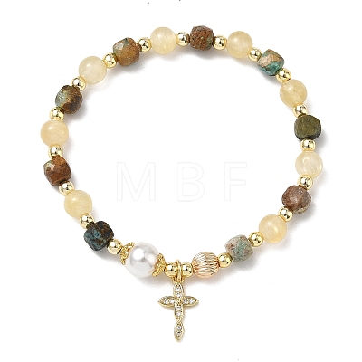 Brass Micro Pave Clear Cubic Zirconia Charm Natural Golden Silk Jade Round and Faceted Cube African Turquoise(Jasper) Beaded Stretch Bracelets for Women BJEW-JB14378-01-1