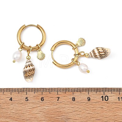Natural Cultured Freshwater Pearl Beads & Spiral Shell Dangle Hoop Earrings EJEW-JE07252-1