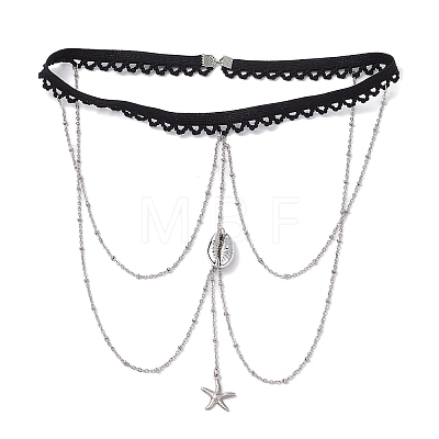 304 Stainless Steel Cable Chains & Electroplated Shell Pendant Tassel Thigh Leg Chains AJEW-AN00649-01-1