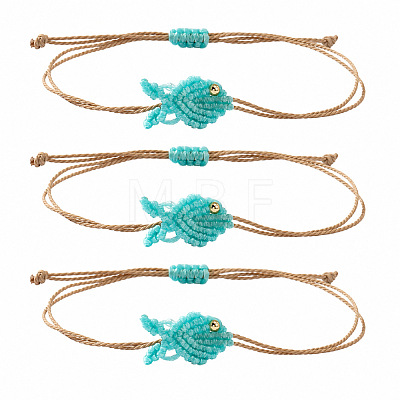 Ocean Adjustable Braided Wax Cord Fish Link Bracelet Sets with Brass Beads for Women XU5174-4-1