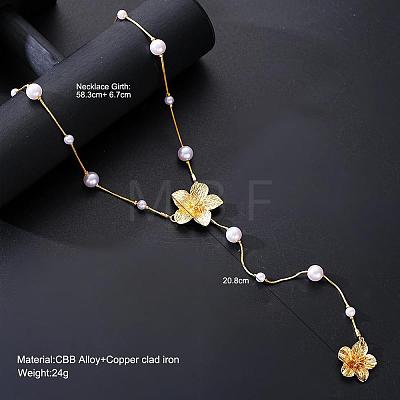 Alloy with Plastic Pearl Flower Long Tassel Y Shaped Pendant Necklaces for Women WG37FD2-01-1