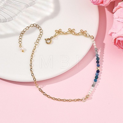 Natural Kyanite & Pearl Round Beaded Butterfly Anklets AJEW-AN00795-01-1