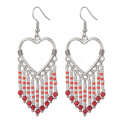 Hollow Heart Alloy & Glass Seed Beads Tassel Chandelier Earrings EJEW-MZ00685-02-1