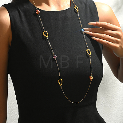 French Stainless Ssteel Twisted Oval with Colorful Glass Beads Long Link Chain Necklaces for Women XI4819-1