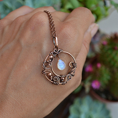 Copper Wire Wrapped Moon with Synthetic Moonstone Drop Pendant Necklaces FS-WG5A52F-01-1