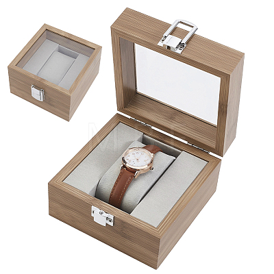 Wooden Single Watch Display Cases with Glass Window Lid and Velvet Pillow Inside CON-WH0043-306C-1