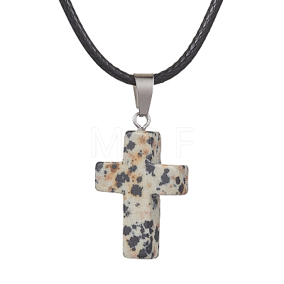 Natural Dalmatian Jasper Cross Pendant Necklaces NJEW-JN04624-04-1