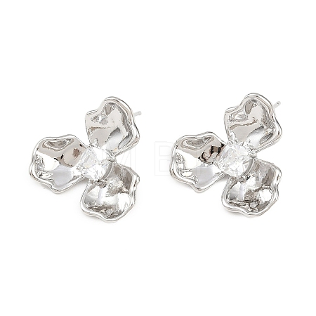 Flower Brass Micro Pave Clear Cubic Zirconia Stud Earring Findings KK-F921-03P-1