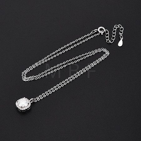 925 Sterling Silver Pave Clear Cubic Zirconia & Crystal Rhinestone Square Pendant Necklaces NJEW-T018-60P-1