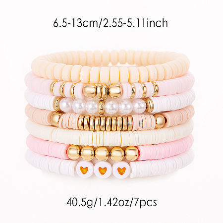 7Pcs Heart Pattern Polymer Clay & Plastic Pearl & CCB Plastic Beaded Stretch Bracelet Set for Women FS-WG634BB-05-1