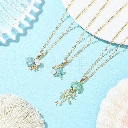 Summer Beach Alloy Enamel Sea Animal Pendant Brass Cable Chain Necklaces NJEW-JN06635-1