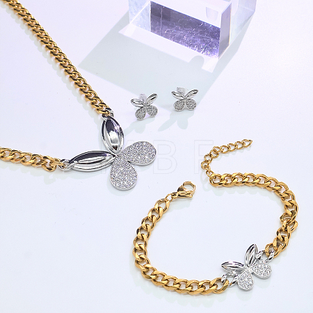 Women's Stainless Steel & Brass Micro Pave Cubic Zirconia Link Bracelets & Stud Earrings & Pendant Necklaces Sets HK0895-2-1