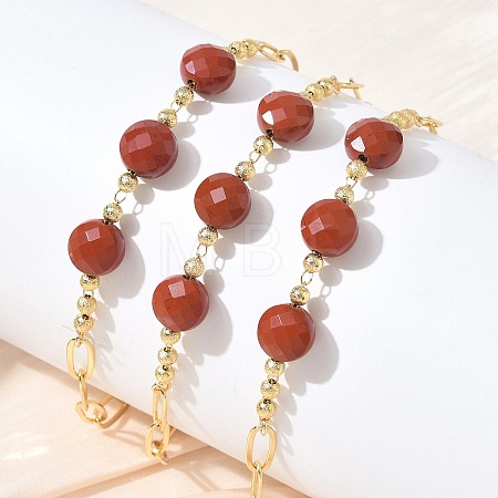 Natural Red Jasper Faceted Flat Round Beaded Brass Paperclip Chain Bracelets GG-CBA37F5-02G-11-1