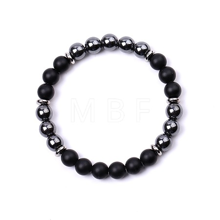 Natural Matt Black Stone & Synthetic Non-magnetic Hematite Round Beads Stretch Bracelets for Women Men KJ2327-1-1