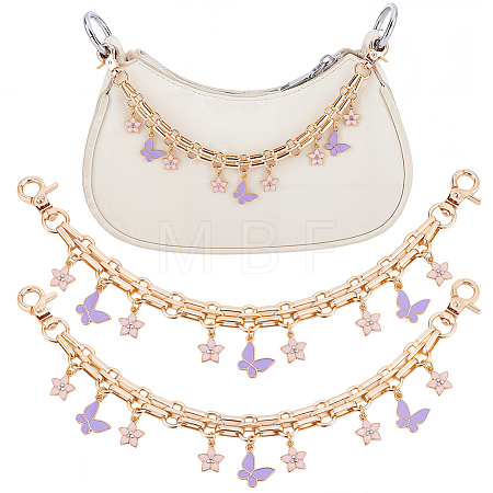 2Pcs Alloy Enamel Lilac Butterfly and Pink Flower Pendant Aluminum Bag Decorative Chains HJEW-BBC0001-38-1