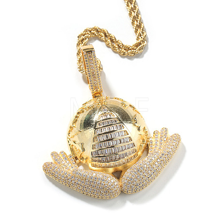 Brass Micro Pave Clear Cubic Zirconia Earth with Hands Pendant 316L Surgical Stainless Steel Rope Chain Necklaces for Men FS-WG87F27-01-1