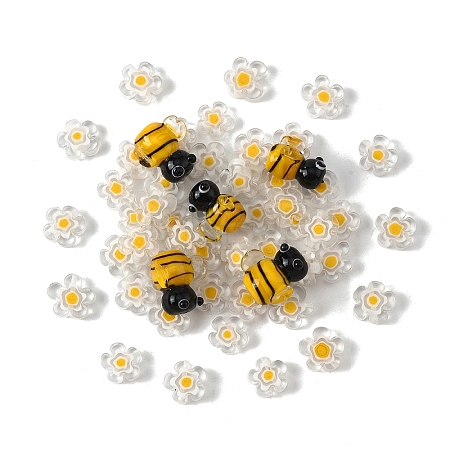 5Pcs Handmade 3D Bees Lampwork Beads & 50Pcs Flower Millefiori Glass Beads Sets LAMP-YW0001-63-1