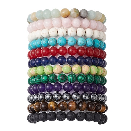 12Pcs 12 Styles 8mm Mixed Gemstone Round Beaded Stretch Bracelets Sets BJEW-JB10929-1