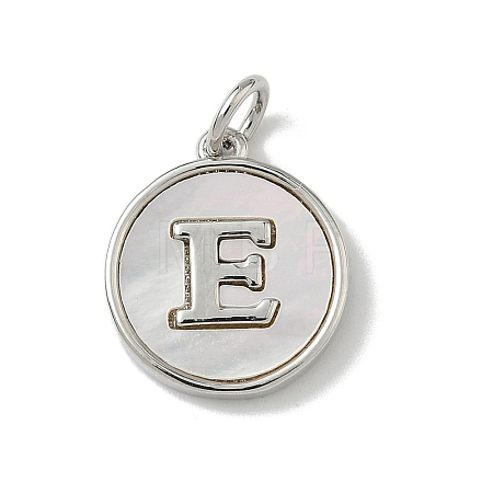 Brass Pave Natural Shell Flat Round with Letter Charms KK-Z115-13P-E-1