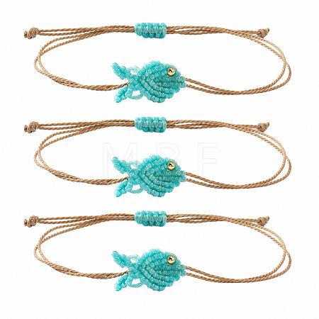 Ocean Adjustable Braided Wax Cord Fish Link Bracelet Sets with Brass Beads for Women XU5174-4-1