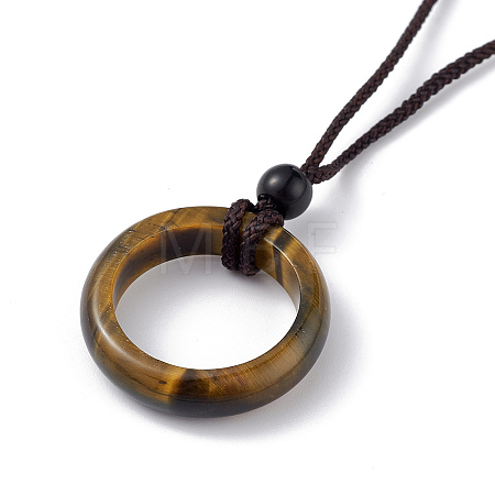 Natural Tiger Eye Ring Pendant Necklace with Nylon Cord for Women NJEW-F306-02E-1