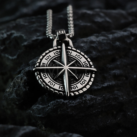 Vintage 304 Stainless Steel Viking Star Compass Pendant Box Chain Necklaces for Men WG56084-01-1