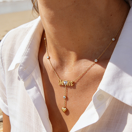 Mother's Day 304 Stainless Steel Crystal Rhinestone Word Mom Pendant Heart Tassel Y Necklaces for Women NJEW-L015-01G-1